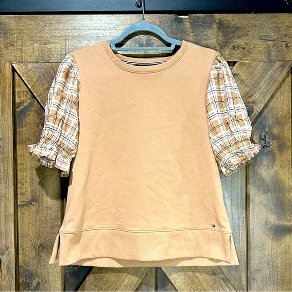 NWOT Tommy Hilfiger Tan Plaid Sleeve Terry Top Sz M - Picture 12 of 12